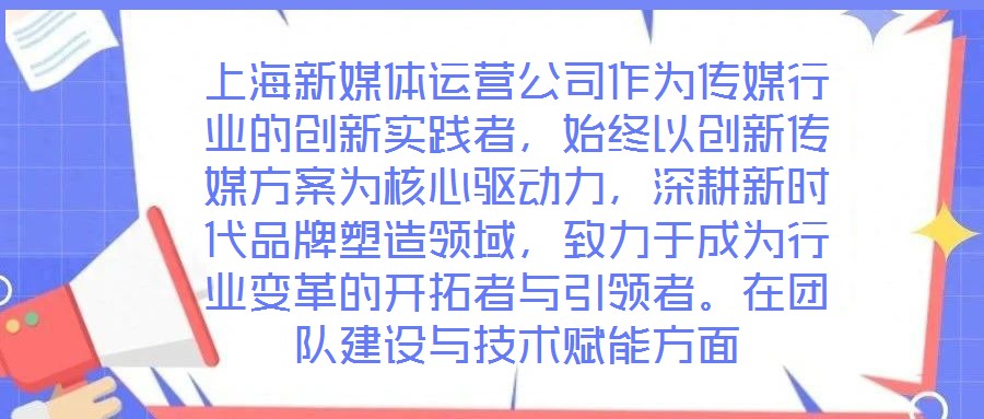 上海新媒體運營公司作為傳媒行業的創新實踐者，始終以創新傳媒方案為核心驅動力，深耕新時代品牌塑造領域，致力于成為行業變革的開拓者與引領者。在團隊建設與技術賦能方面